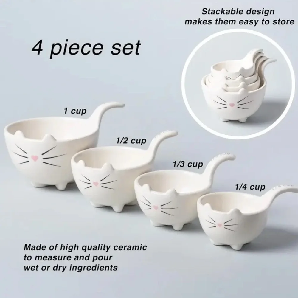 Cat Face Ceramic Measuring Cups - White